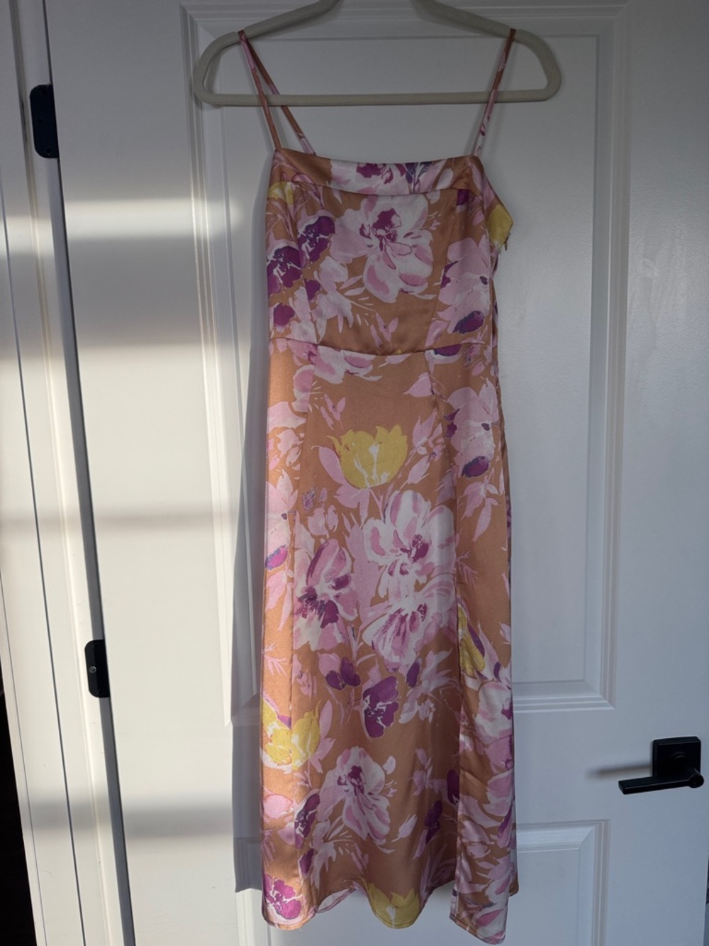 Kittenish Peach Floral Satin Midi Dress with Pink and Yellow Blooms